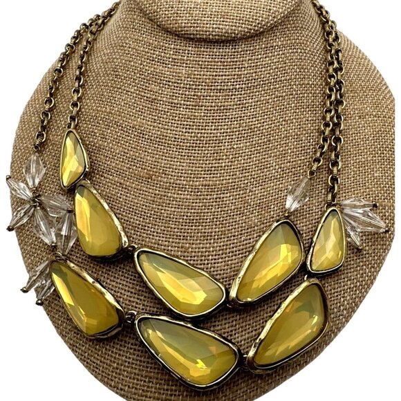 Vintage Statement Necklace Yellow Faceted Beads Antiqued Gold Tone Mid Century - Picture 1 of 7